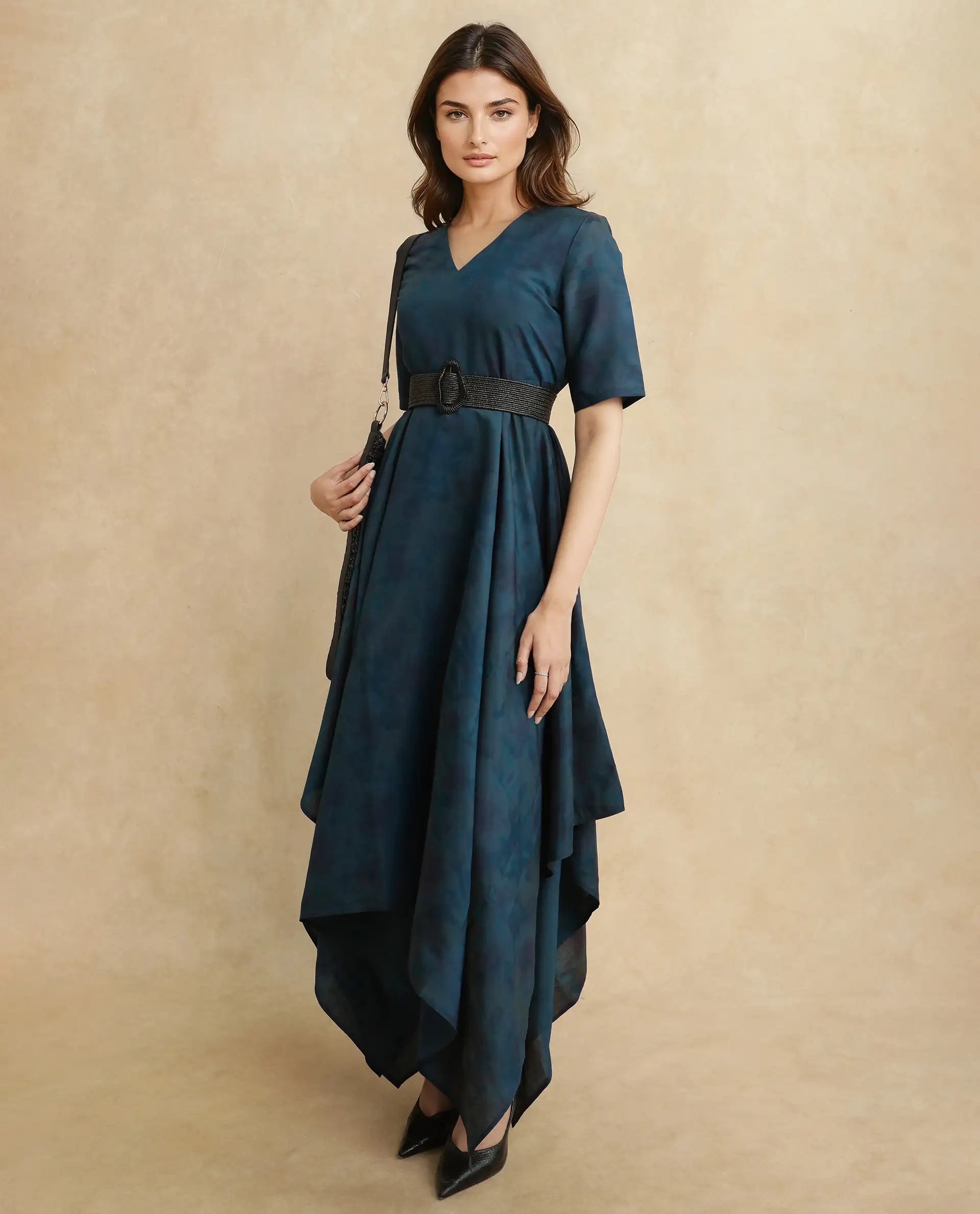 Rareism Women Janrims Dark Blue Polyester Fabric Bell Seeves Round Neck Fit And Flare Maxi Floral Print Dress Tunics Custom made