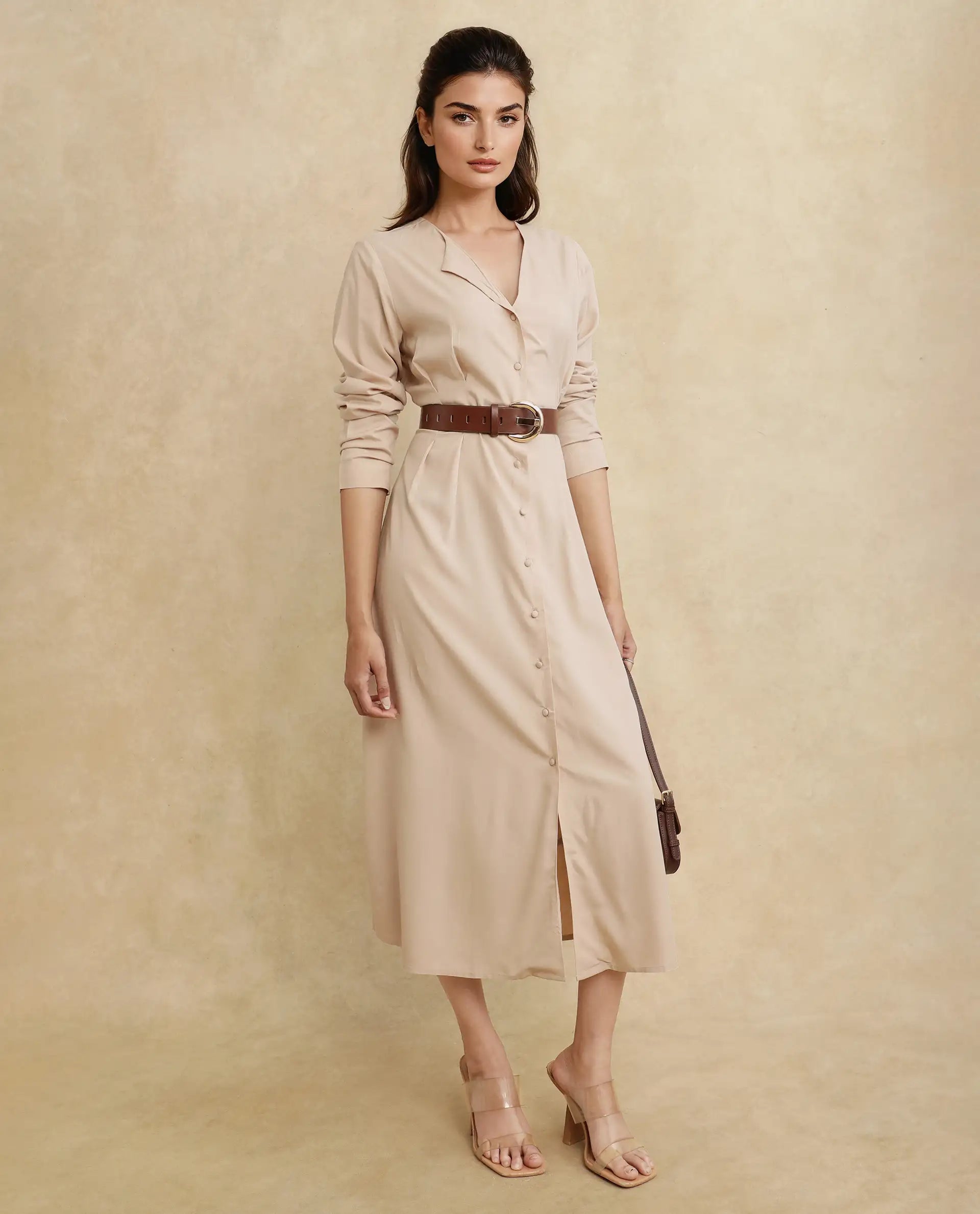 Rareism Women Somgrip Beige Viscose Fabric Full Sleeve V-Neck Button Closure A-Line Midi Plain Dress sweetheart Neckline Romantic Rareism Women Somgrip Beige Viscose Fabric Full Sleeve V-Neck Button Closure A-Line Midi Plain Dress sweetheart Neckline Romantic