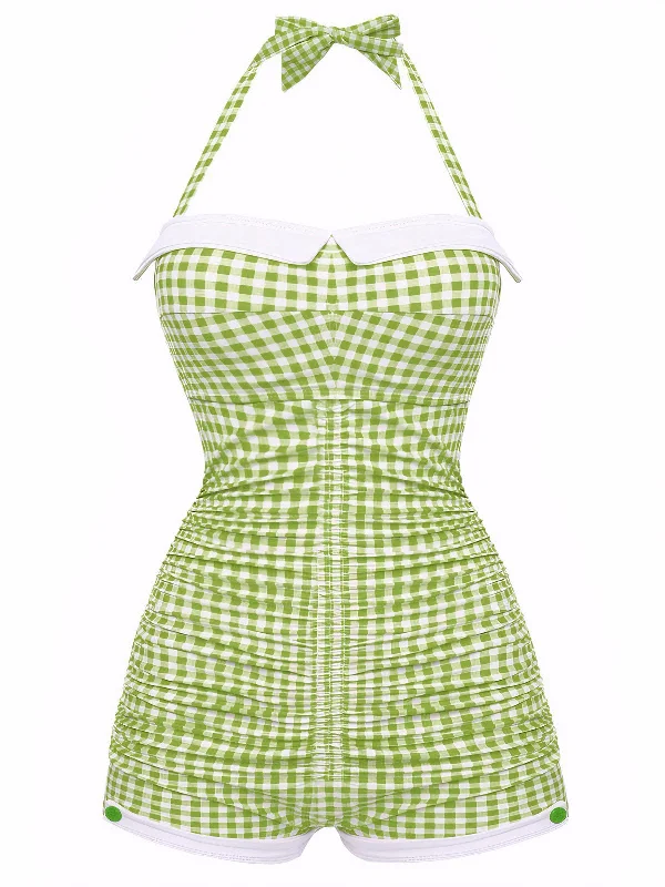 Gingham 1950s Halter Bowknot One-piece Swimsuit Classic Two-Piece Bikini