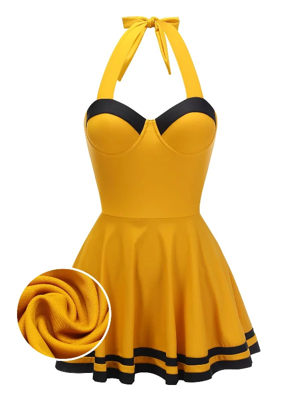 Yellow 1940s Contrast Halter Patchwork Swimsuit High-Waisted Swim Bottoms