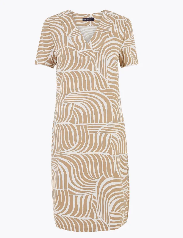 Crepe Printed V-Neck Shift Dress A-Line Day Work