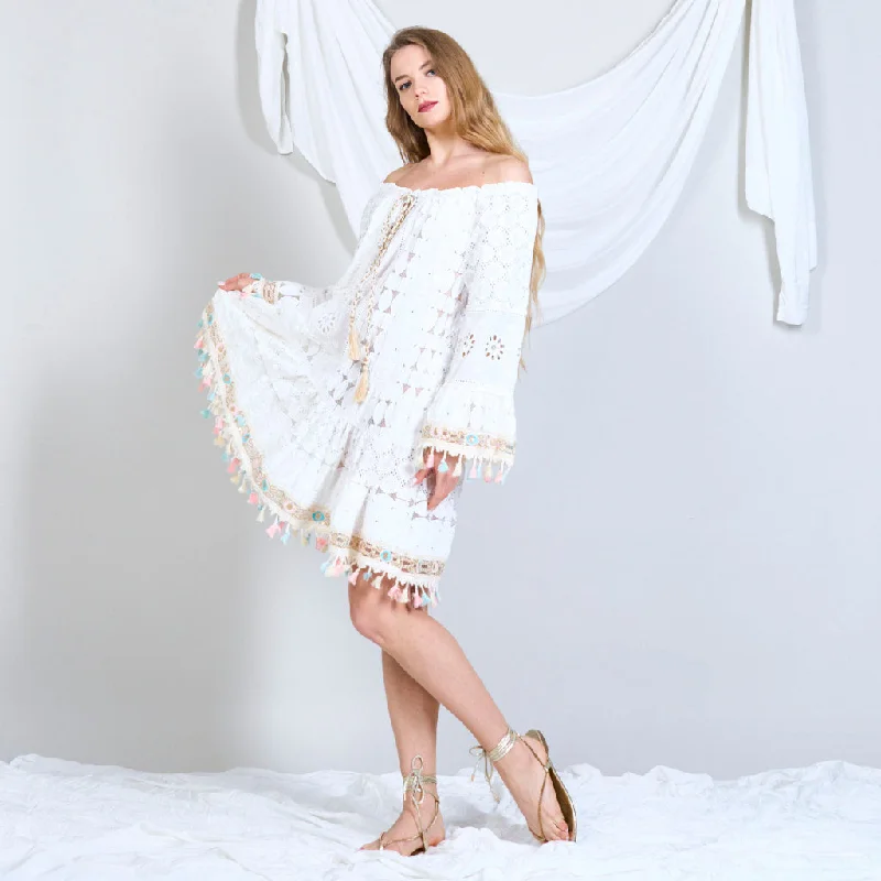 Boho embroided dress embellished with colourful tassels wholesale Tunics Wedding white Boho embroided dress embellished with colourful tassels wholesale Tunics Wedding white