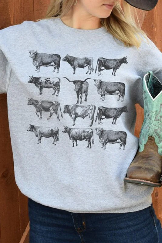 Gray Western Bull Graphic Print Long Sleeve Sweatshirt Hoodie with Double Zipper Versatile Adjustable