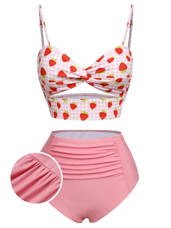 Pink 1960s Strawberry Plaid Halter Swimsuit Bold Color Swimsuit