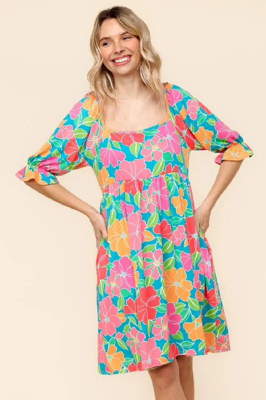 PLUS MIDI BABYDOLL DRESS W/ RUFFLE HEM SLEEVE Tunics Stylish elegant