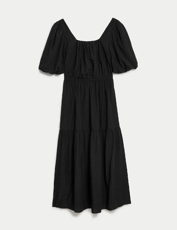 Textured Square Neck Midi Tiered Dress Tunics Vintage classic
