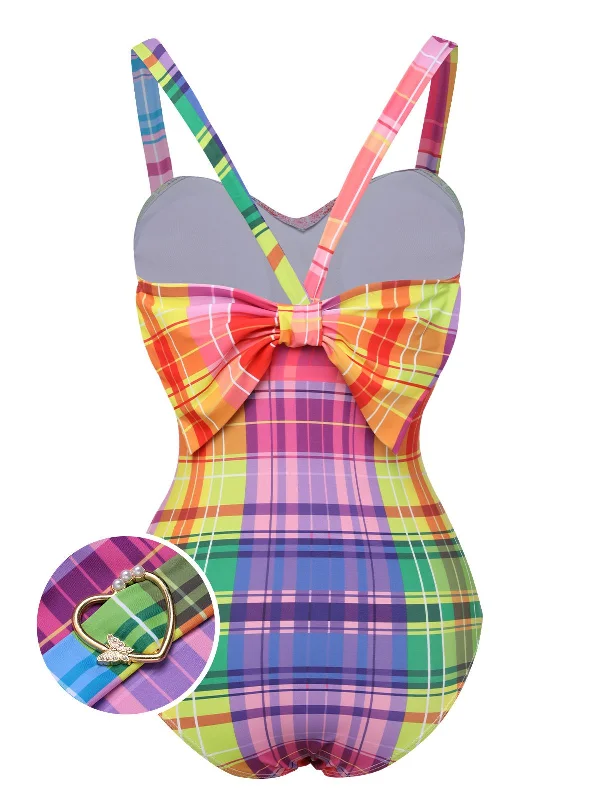Multicolor 1970s Rainbow Plaid Bow Swimsuit Floral Swimwear Set
