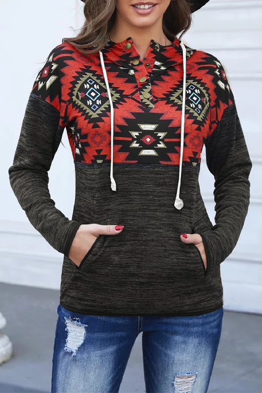 BLACK/RED TRIBAL PRINT HOODIE Hoodie with Full-Zip Functional Layering