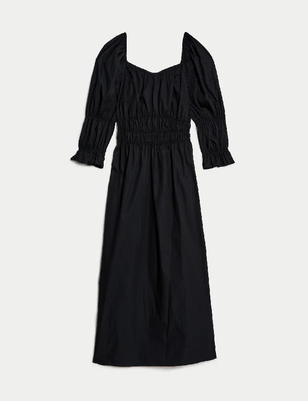 Pure Cotton Square Neck Midi Waisted Dress Tunics Handmade artisanal