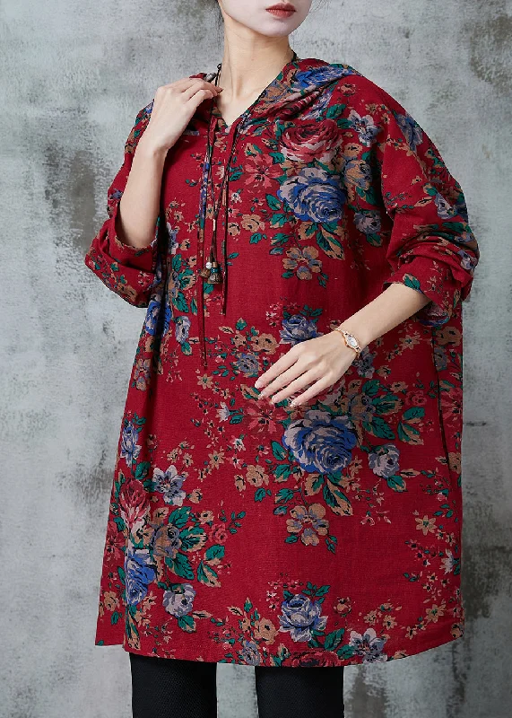 Boho Red Oversized Print Cotton Loose Sweatshirts Dress Spring Graphic Hoodie Design Print