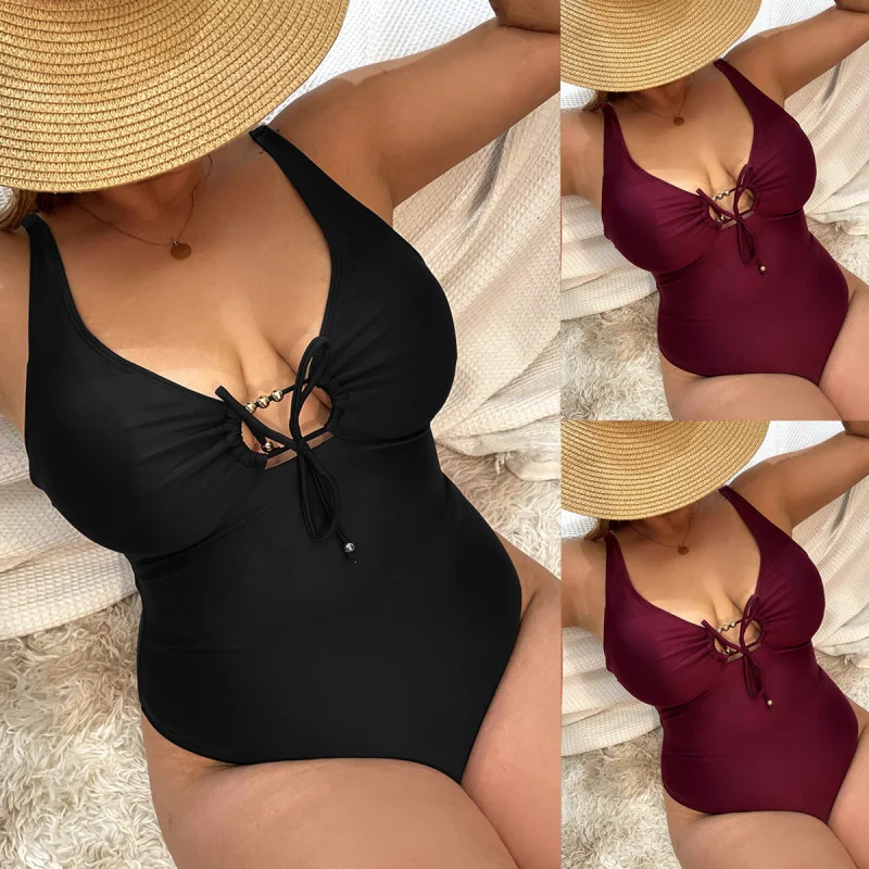 Women'S Solid Color Strap High Waist Sexy Plus Size One Piece Swimsuit Sporty Swimwear Bottoms