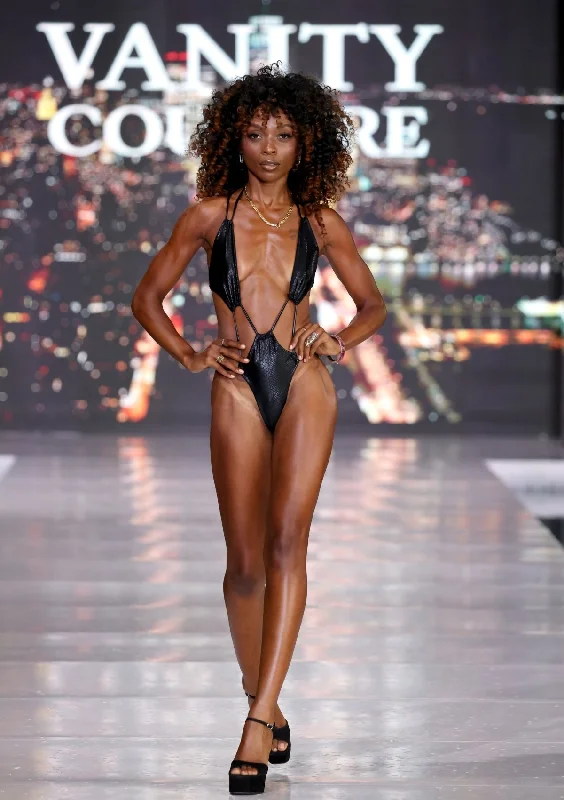 Kaye One Piece Swimsuit - Black Snake Mesh Panel Swimwear