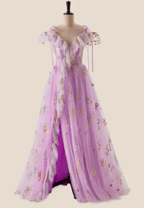 Off the Shoulder Lilac Floral Ruffles Formal Dress Tunics Ceremony elegant