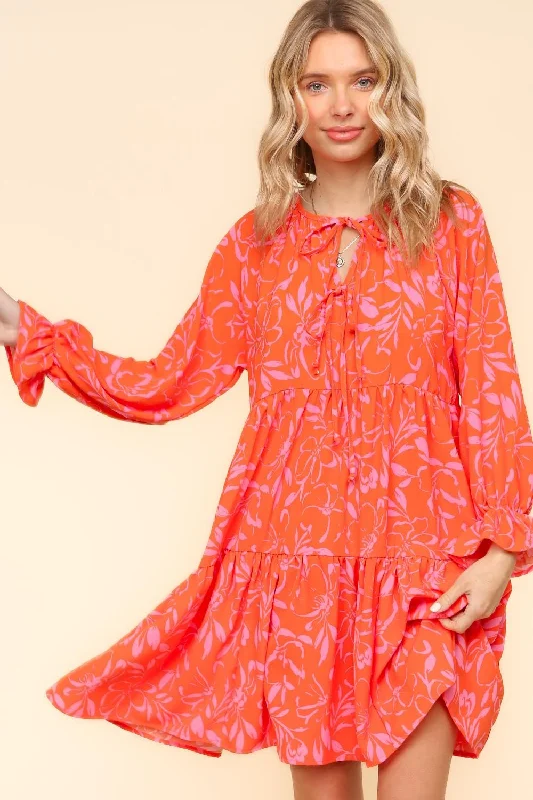 CORAL KNEE LENGTH WOVEN DRESS W/ RIBBON TIED DETAIL Tunics Stylish elegant