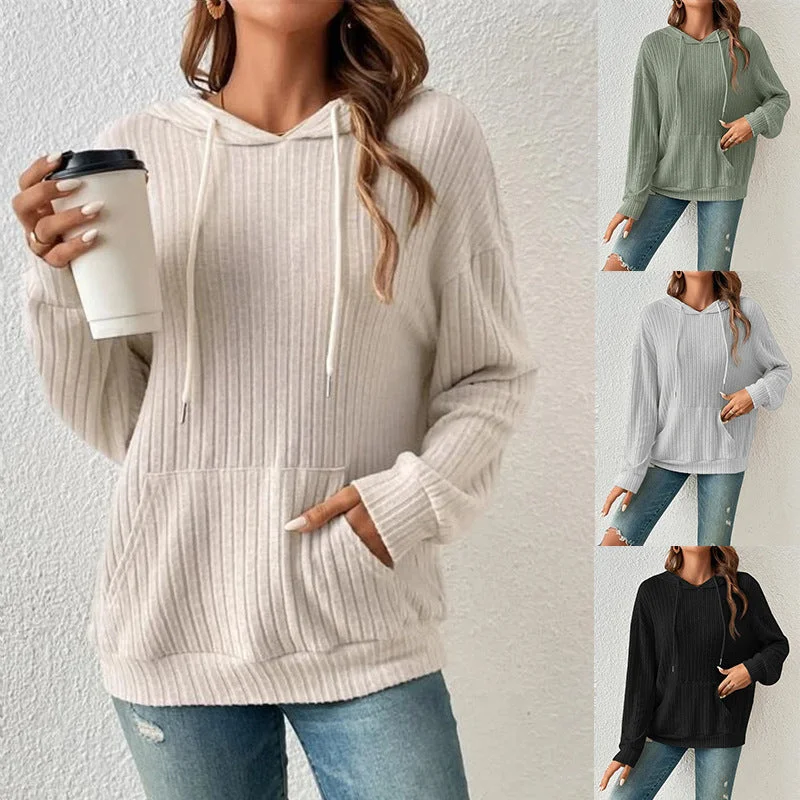 Women's Knitwear Hooded Sunken Stripe Kangaroo Pocket Sweatshirt Hoodie with High Neck Warm Protective