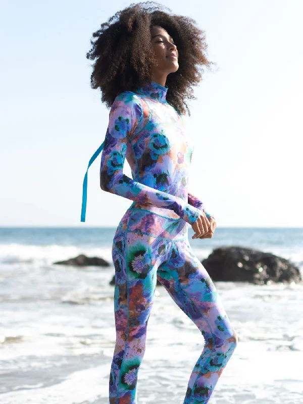 Women's  "Classic" UPF 50+ Sun-protective Full Body Long Swimsuit - NEON BLUE POPPY Sexy Swimwear Set