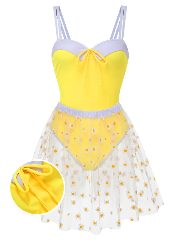 Yellow 1950s Suspender Swimsuit & Daisy Cover-Up Plunge Back Swimsuit