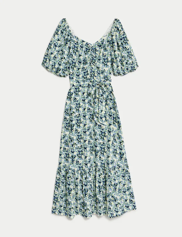 Floral V-Neck Midaxi Tea Dress Tunics Mesh breathable