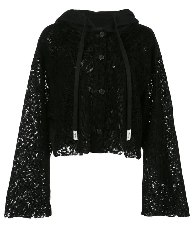 SEE THRU CROP HOODIE  BLACK Hoodie with Hem Elastic Stretchable Comfortable