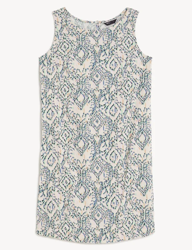 Linen Rich Printed Round Neck Shift Dress Turtleneck Warm Winter