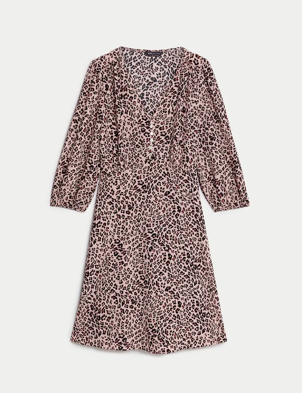 Animal Print V-Neck Knee Length Tea Dress Tunics Plaid country