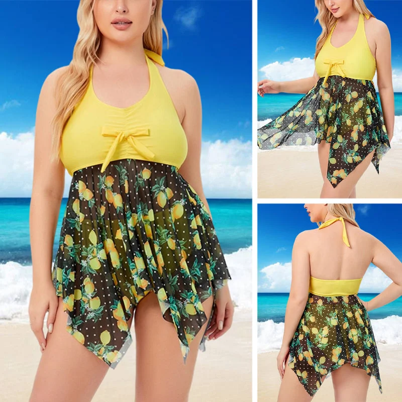 Women Plus Size Swimming Dress Yellow Swimsuit Tummy Control Swimwear Backless Beachwear Bathing Suit Casual Swim Dress