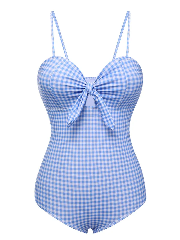 Blue 1950s Plaid Knot Strap Swimsuit High-Cut One-Piece