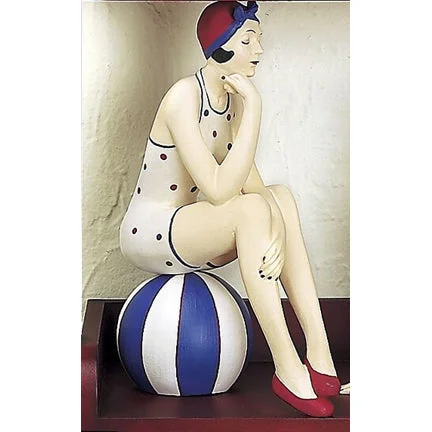 Bathing Beauty Figurine in Red, White, & Blue Polka Dot Swimsuit with Matching Beach Ball High-Waisted Swimwear