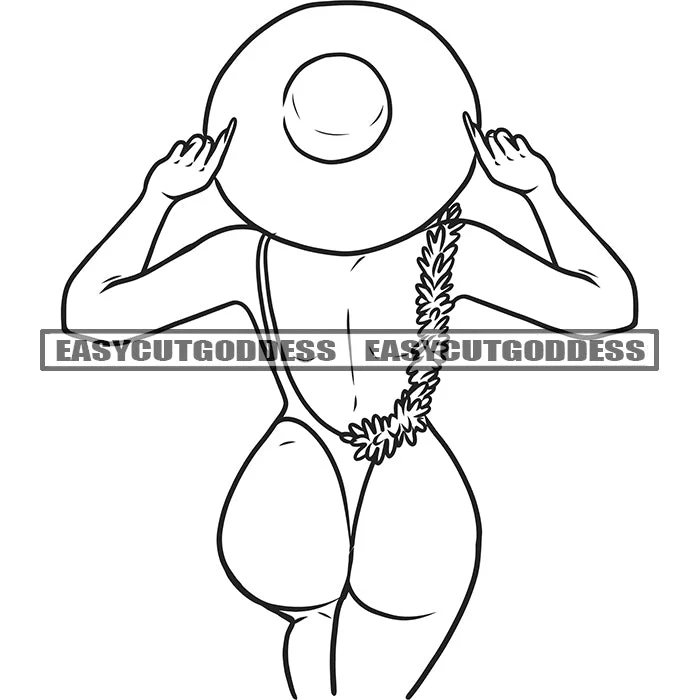 Black And White Afro Sexy Woman Standing And Wearing Hat Topless Girl On Beach Swimsuit Flower Chain Design Element BW Sexy Pose Vector SVG JPG PNG Vector Clipart Cricut Silhouette Cut Cutting Classic Monokini Design