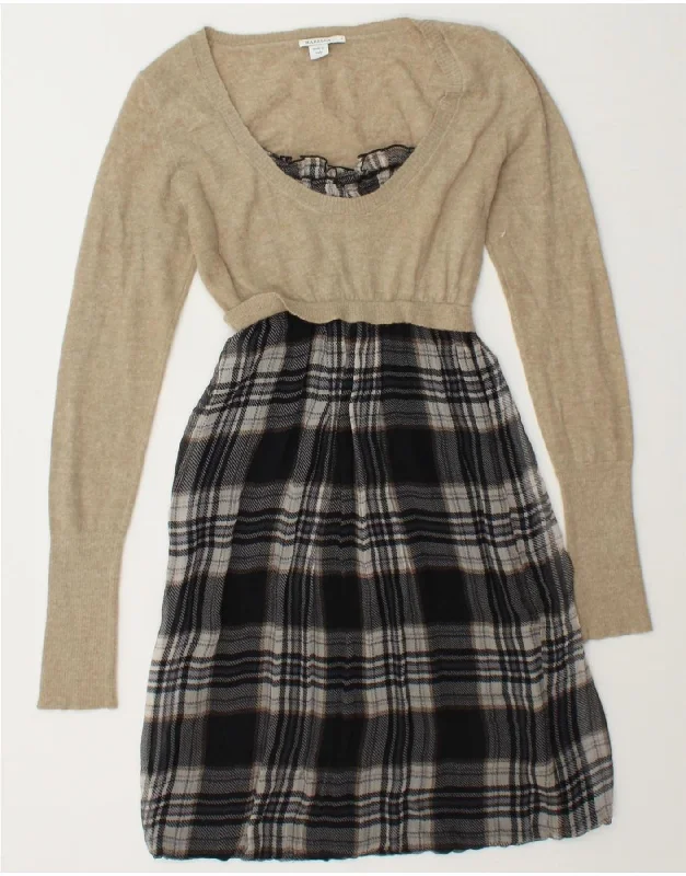 MARELLA Womens Long Sleeve Jumper Dress UK 10 Small Beige Check Polyamide Tunics Sophisticated sleek