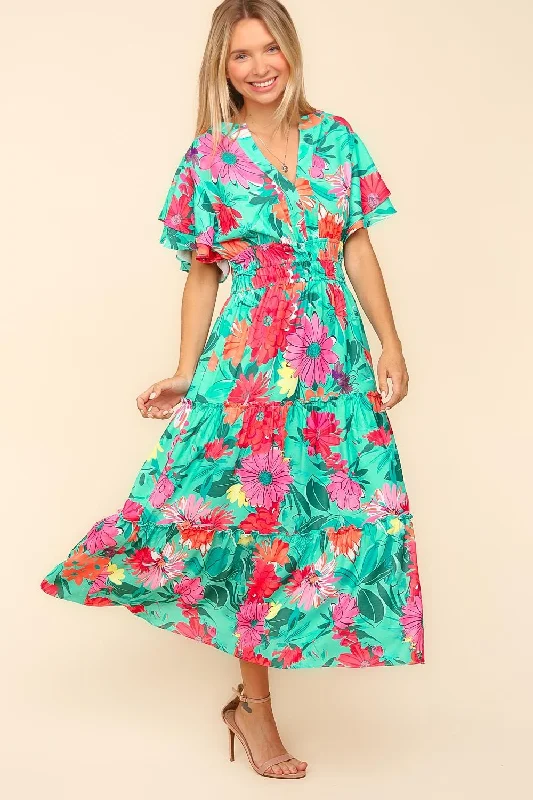 FLORAL MAXI LENGTH DRESS WITH SIDE POCKET Casual Short Summer