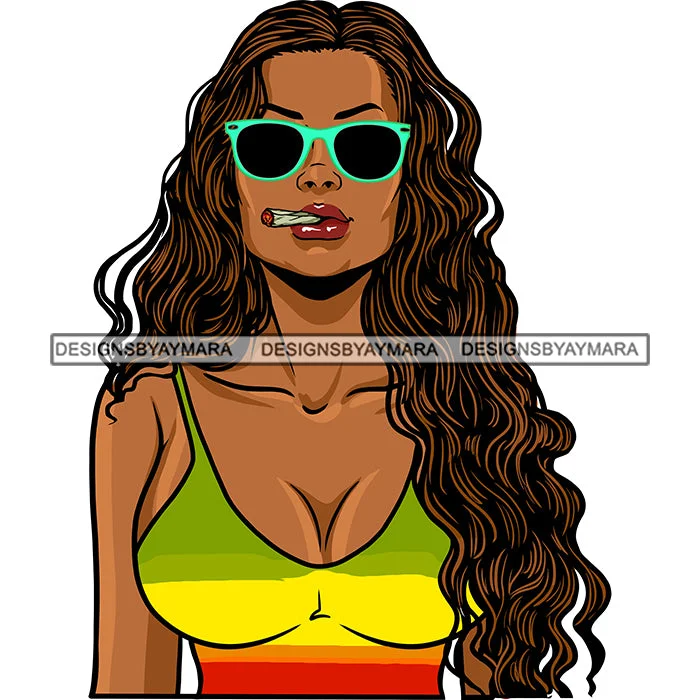 Sexy Woman Sunglasses Rasta Swimsuit Smoking Marijuana Long Wavy Hairstyle SVG JPG PNG Vector Clipart Cricut Silhouette Cut Cutting High-Waisted Swim Bottoms