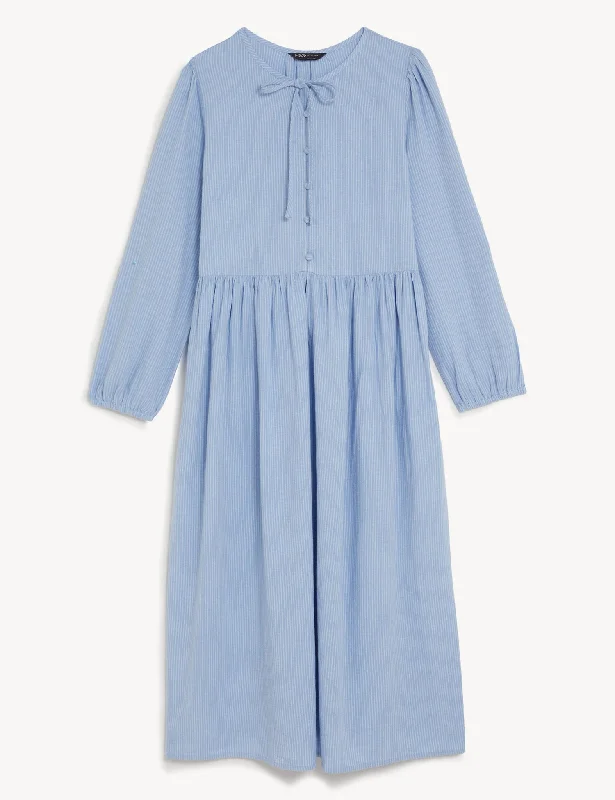 Linen Rich Tie Neck Midi Waisted Dress Tunics Satin smooth