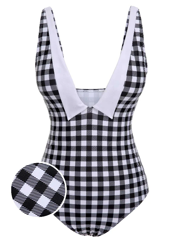 Black & White 1950s Plaid One-Piece Swimsuit Minimalist One-Piece