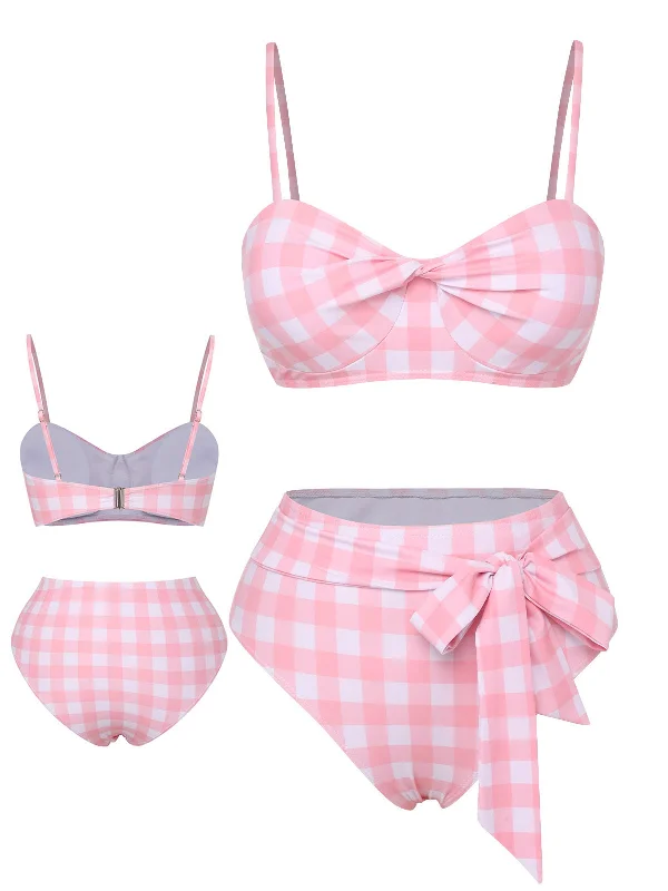 Pink 1940s Spaghetti Strap Plaid Bow Swimsuit Sporty Swim Shorts