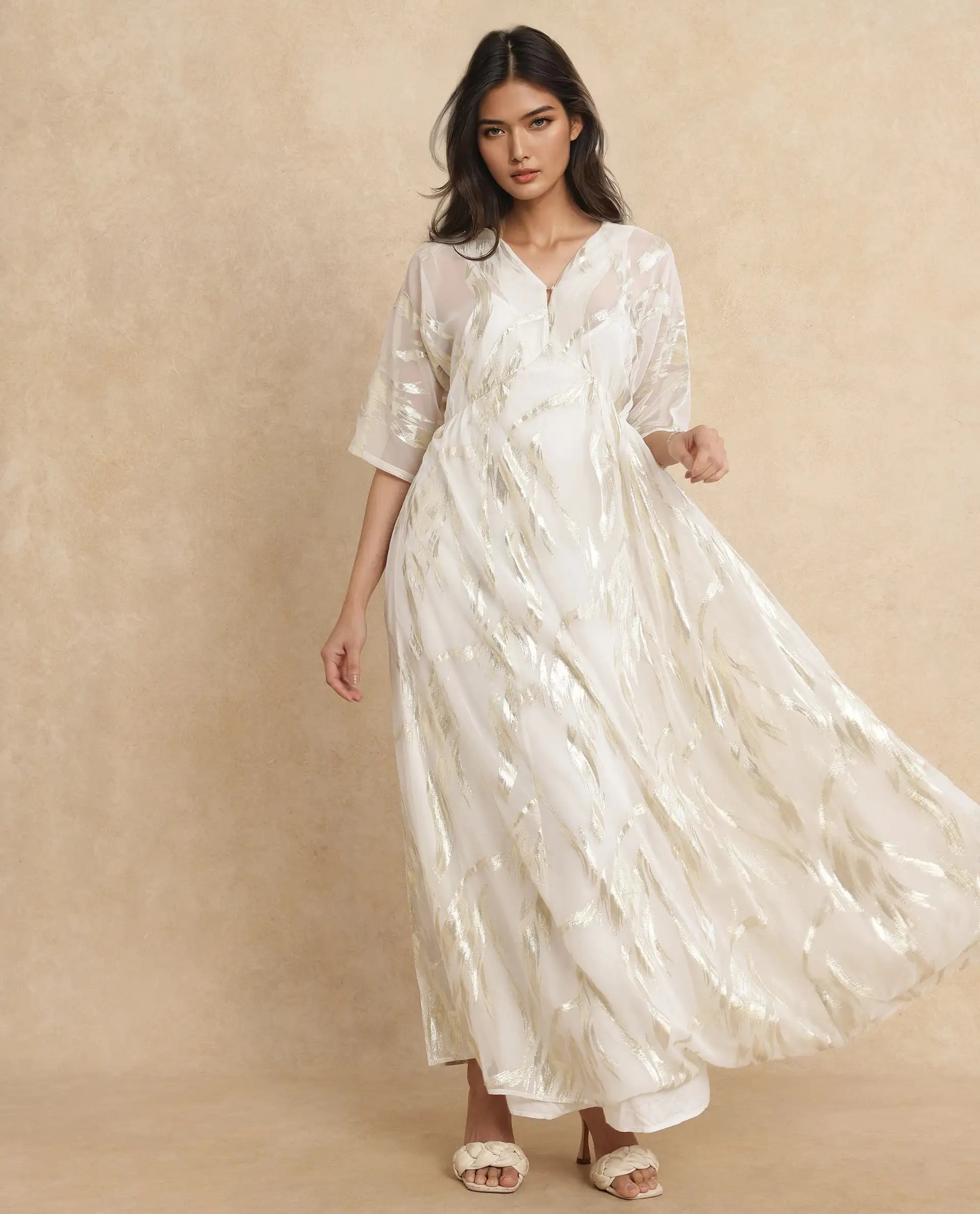 Rareism Women Ronoli Off White Polyester Fabric V-Neck Flared fit Maxi Textured Dress Halter Neckline Beach