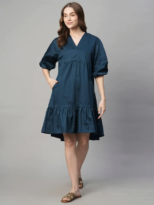 Women's Blue Cotton Elastane Boxy Fit Dress Tunics Fall fleece