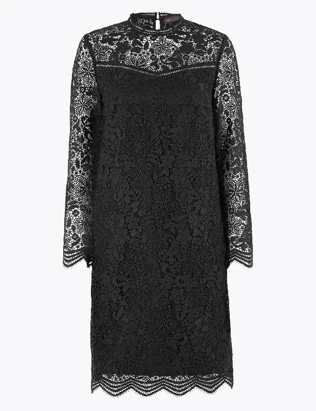 Lace High Neck Shift Dress Tunics Short Trendy