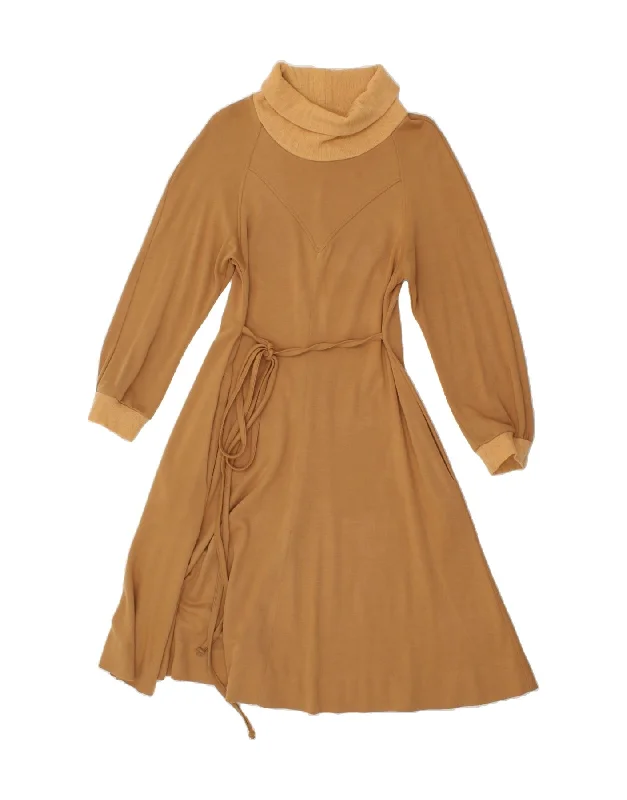 VINTAGE Womens Long Sleeve Roll Neck Jumper Dress UK 10 Small Brown Tunics Trendy modern