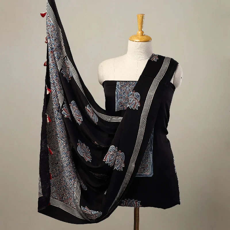 Black - 2pc Modal Silk Block Print Ajrakh Dress Material 03 Tunics Distressed trendy Black - 2pc Modal Silk Block Print Ajrakh Dress Material 03 Tunics Distressed trendy