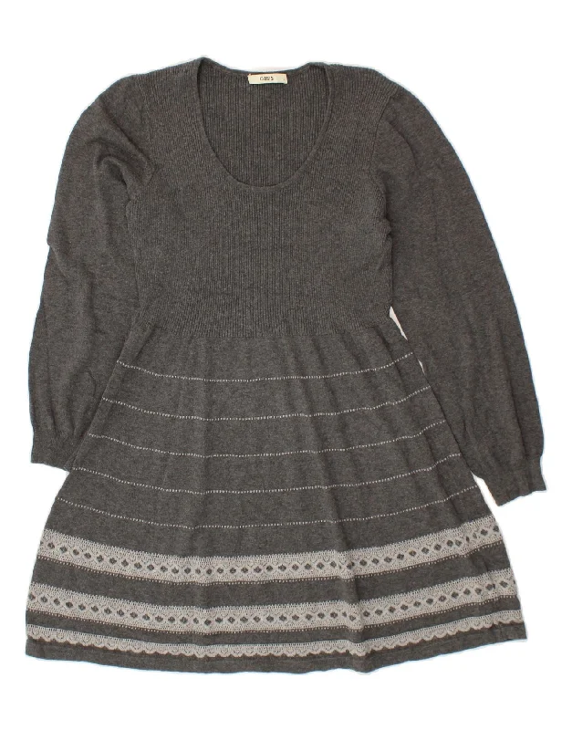 OASIS Womens Long Sleeve Jumper Dress UK 14 Large Grey Striped Cotton Tunics Handmade artisanal