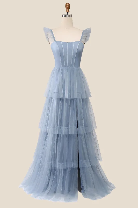 Blue Tulle Tiered A-line Long Dress Tunics Hiking breathable