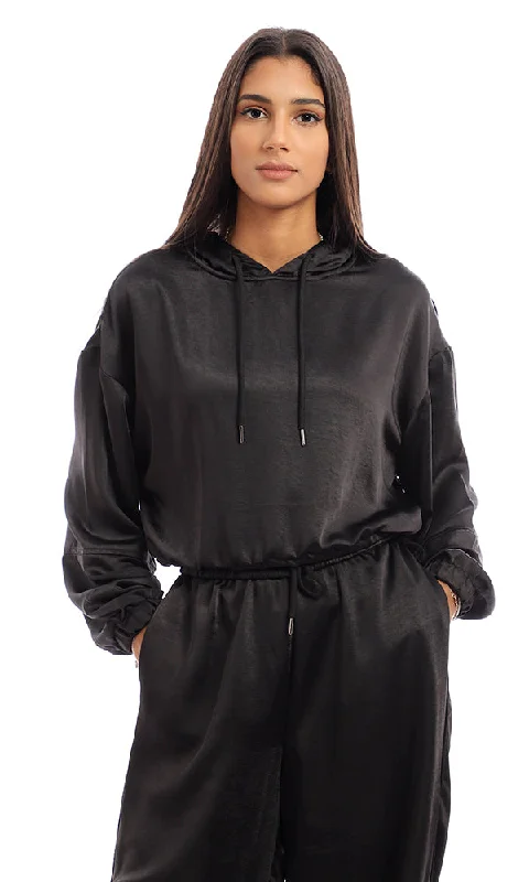 96199 Elastic Trim Full Sleeves Hoodie - Black Zip Hoodie Drawstring Kangaroo Pocket