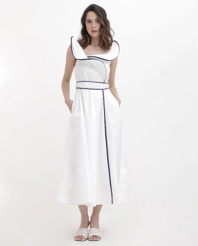 Rareism Women Demono White Cotton Fabric Sleeveless Collared Neck Solid Longline Dress Tunics Hiking breathable