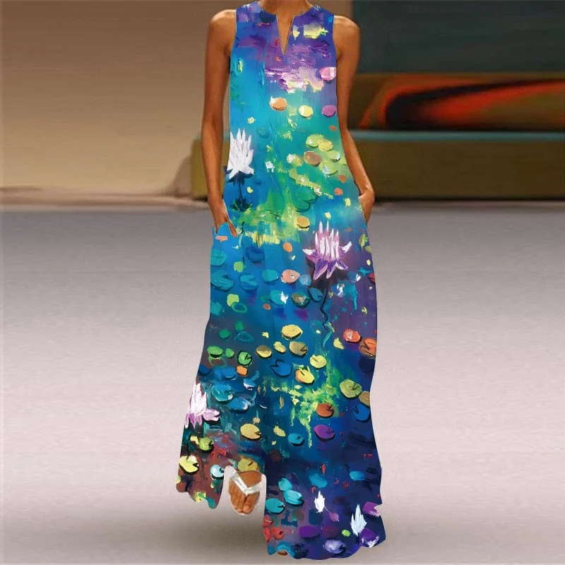Ladies Spring Summer Long Dress White Sleeveless V-neck Casual Beach Dresses Elegant Printed Loose Vintage Dress Women Tunics Winter warm