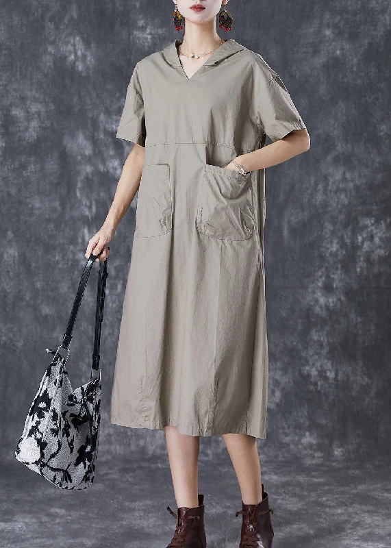 Grey Oversized Cotton Loose Sweatshirt Dress Hooded Pockets Summer Hoodie with Drawcord Adjustable Secure