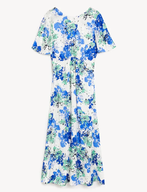 Floral Jacquard Round Neck Midi Tea Dress empire Waist empire
