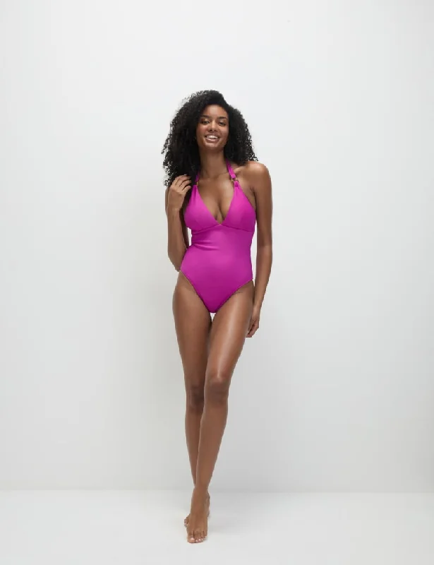 Trim Detail Padded Plunge Halterneck Swimsuit Adjustable Strap Swimsuit