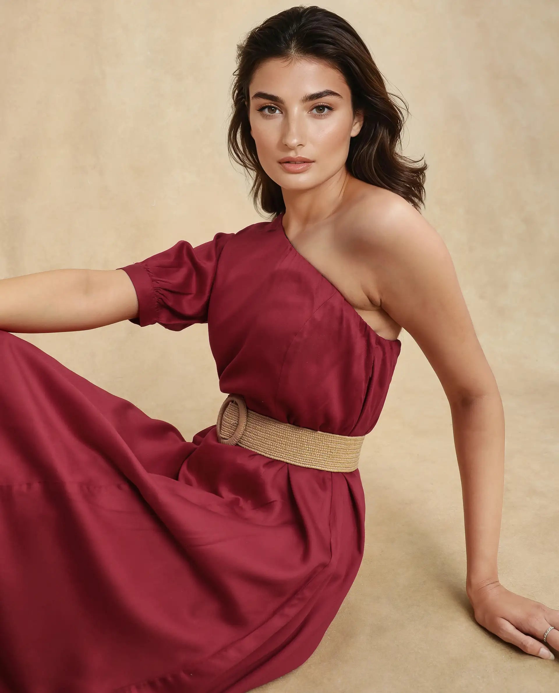 Rareism Women Somalia Red Viscose Fabric One Shoulder Asymmetric Neck Zipper Closure A-Line Maxi Plain Dress Cowl Neckline Elegant Rareism Women Somalia Red Viscose Fabric One Shoulder Asymmetric Neck Zipper Closure A-Line Maxi Plain Dress Cowl Neckline Elegant