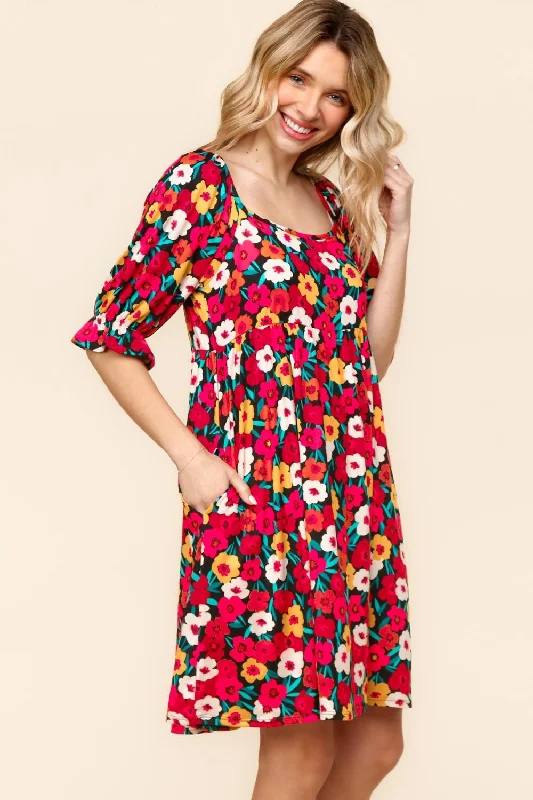 PLUS SQUARE NECK KNEE LENGTH BABYDOLL KNIT DRESS Floral Print girly